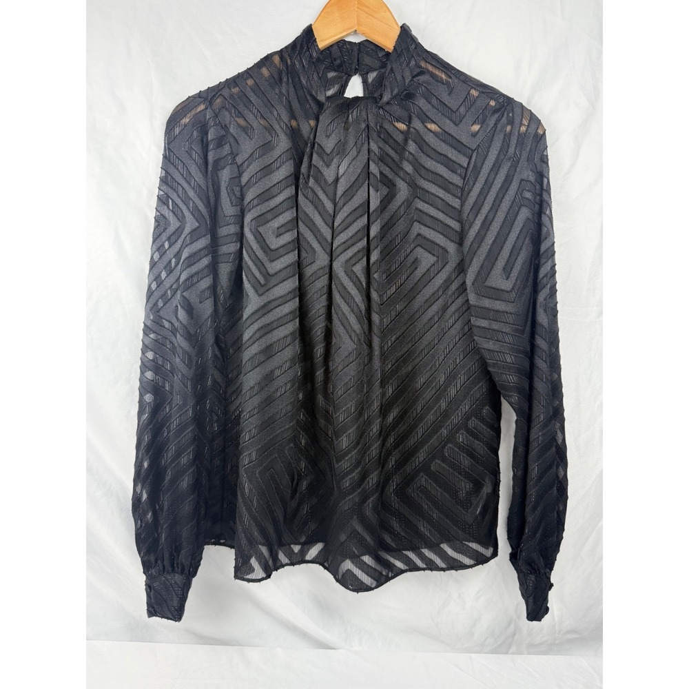 Express S Sheer Geometric Tie Neck Blouse Black Long Sleeve
